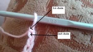 Insert hook into 2nd chain from hook and pull up a loop. Repeat this 8 more times for a total of 10 loops on your hook.